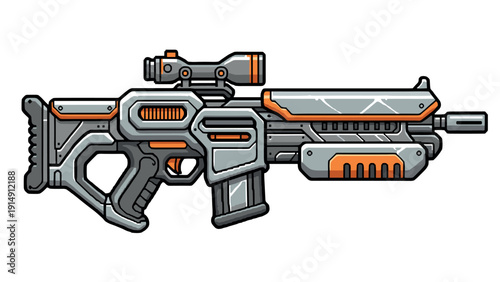 Futuristic sci-fi gun design with detailed metallic and orange accents