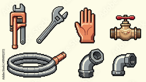 Retro pixel art tools and plumbing elements: wrench, valve, glove, hose