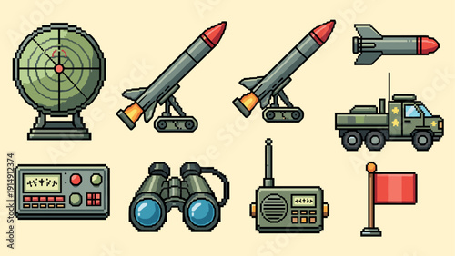 Pixel art military set: missiles, radar, binoculars, and communication equipment