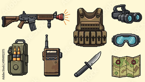 Tactical gear set with weapons and equipment in pixel art style