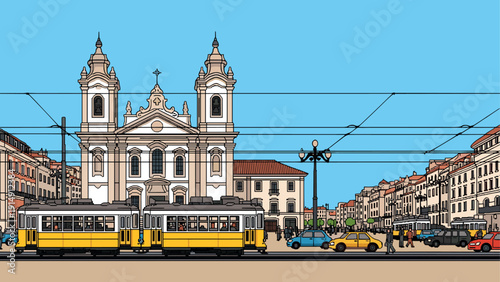 Charming cityscape with vintage tram and historic architecture under clear blue skies
