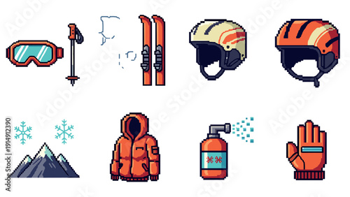 Retro winter sports icons set in pixel art style with equipment and accessories