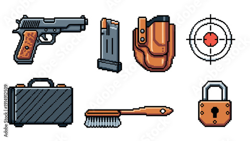Pixel art handgun and accessories collection with case and holster
