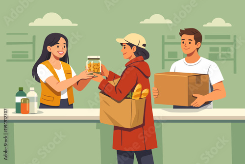 Volunteers and Donors at Food Bank Accepting Groceries and Supplies. Charity Donation, Community Help, and Aid Program Illustration.