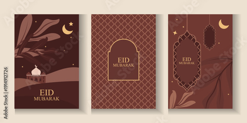 Eid Mubarak modern design with mosque, building, crescent moon in brown color.  Ramadan Kareem banner, poster, greeting card, cover design in trendy warming brown colors background.