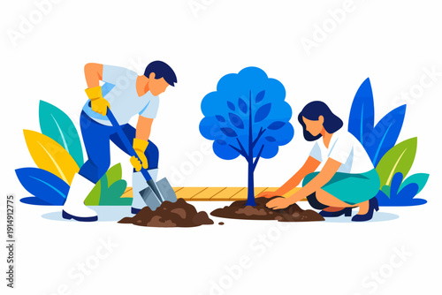 Reforestation & Gardening: Couple Planting Tree Sapling. Man Shoveling Earth for Sustainable Environmental Care. Flat Vector Illustration on White.