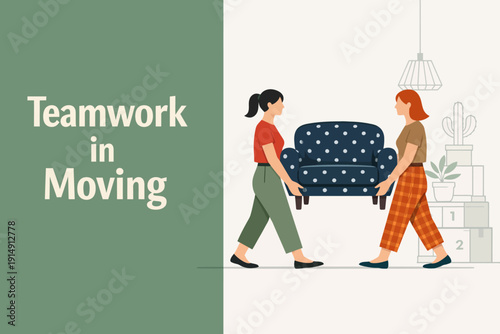 Two Women Cooperating to Move Furniture: Friends Carrying Armchair During House Relocation and Teamwork Concept Vector Illustration.