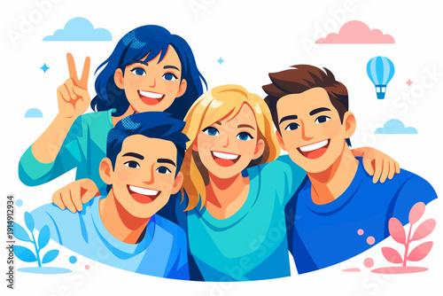 Happy Friends Group Photo Vector Illustration. Joyful Diverse Young People Smiling Together for a Selfie. Friendship and Youth Bonding Concept Art.