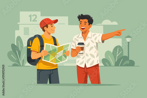 Traveler Asking for Directions from Local Guide Holding Map | Tourist Assistance and Navigation Help Illustration