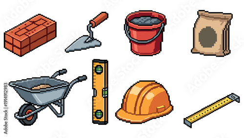 Pixel art construction tools set featuring brick, helmet, and wheelbarrow