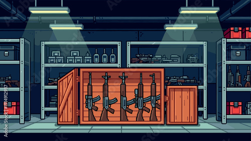 Pixel art weapon armory with rifles and gear in wooden crate storage room