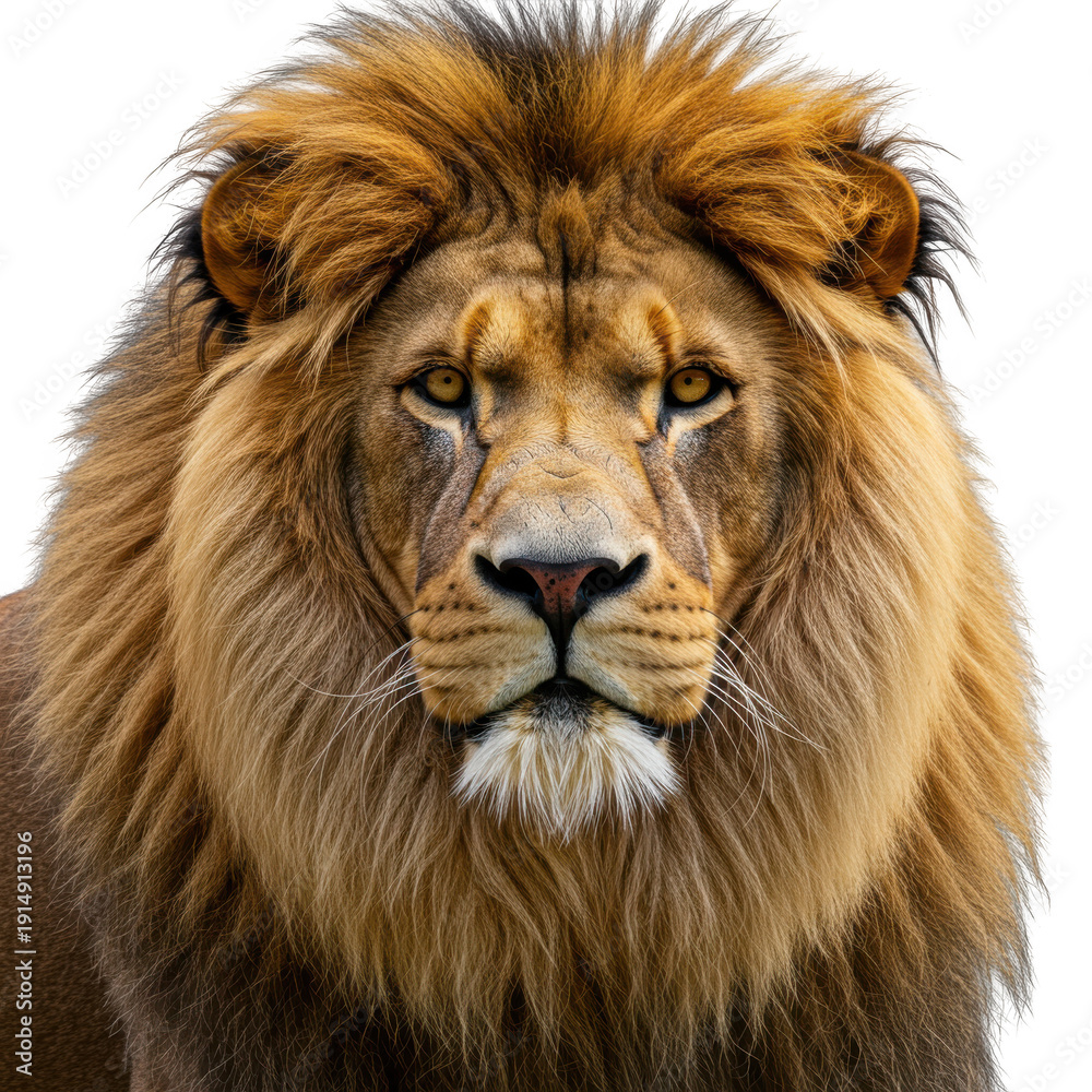 Fototapeta premium Majestic lion portrait with golden mane isolated on transparent background