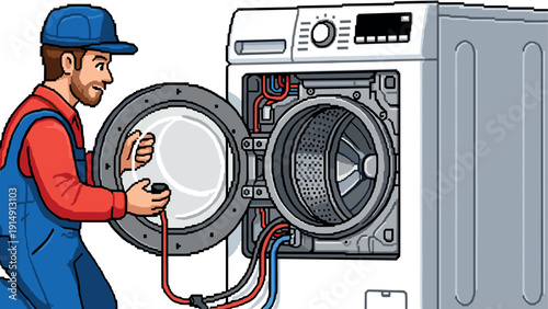 Pixel art repairman fixing washing machine