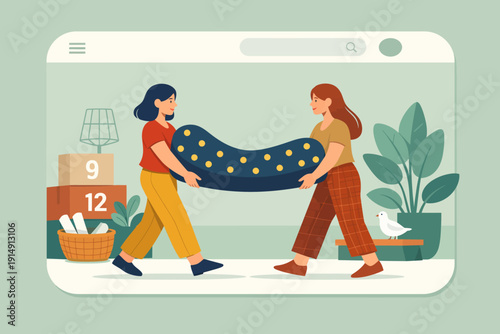 Flat Illustration of Two Women Moving Furniture (Large Pillow/Cushion) Together. Relocation, Home Moving Service App Interface, Teamwork and Furnishing.