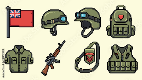 Military pixel art: helmets, gear, and weapons with british flag