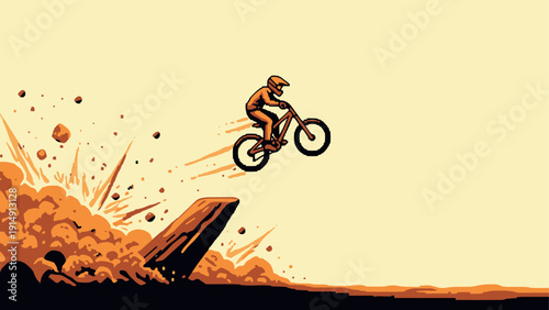 Dynamic mountain biker jumping over ramp in retro pixel art style