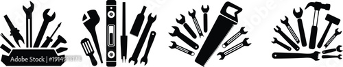 Hand tools icon set with wrench, hammer, screwdriver, saw and level, black silhouette vector illustration isolated on light background for construction branding