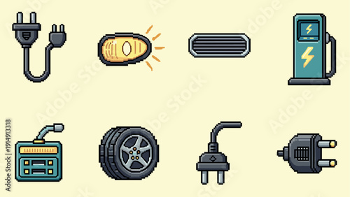 Pixel art automotive icons set: electric plug, tire, fuel pump, headlight