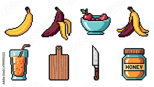 Pixel art banana smoothie set: retro fruits and kitchen items