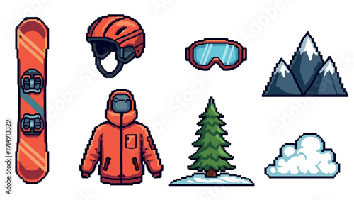 Pixel winter adventure gear: snowboard, helmet, goggles, and landscape