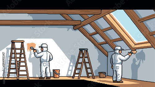 Retro pixel art of painters in attic with wooden rafters and skylight