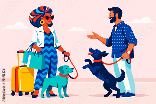 Stylish Woman Traveler with Dogs and Luggage Meets Man. Vibrant Vector Illustration of Pet-Friendly Arrival and Social Greeting.