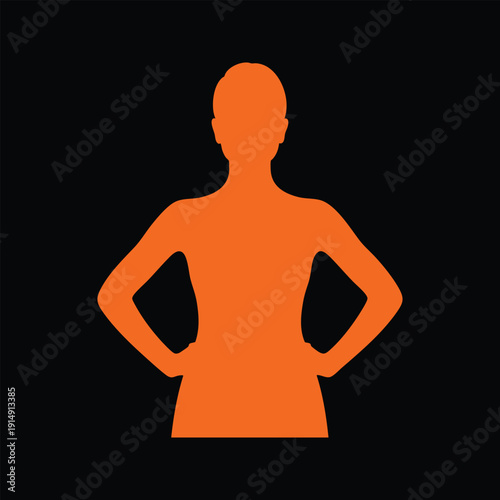 Silhouette of strong woman with hands on hips orange color on black background empowering female