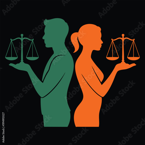 Scales of justice, male and female, balance, equality, legal system, partnership, comparison