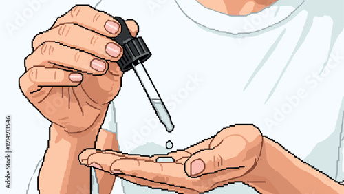 Pixel art hands using dropper for skincare product application