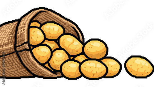 Pixel art potatoes spilling from sack in rustic design