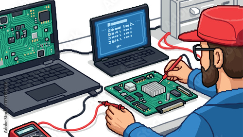 Isometric electronics technician repairing circuit board in retro digital lab