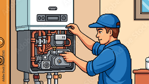 Technician repairing gas boiler in detailed cartoon style