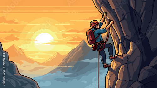 Pixel art mountain climber at sunset: adventurous journey amidst majestic peaks