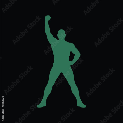 Silhouette of strong man with raised fist symbol