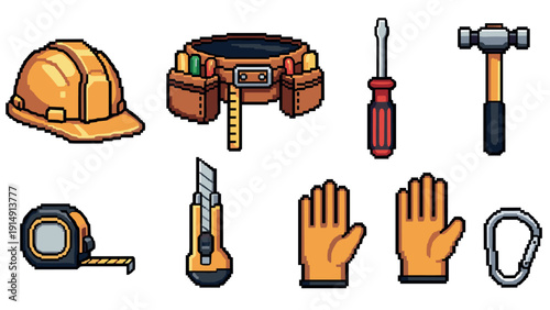 Pixel art construction tools collection: safety helmet, utility belt, screwdriver, hammer, measuring tape, cutter, gloves, carabiner