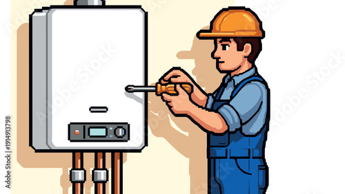 Technician installing water heater in retro style artwork with detailed elements