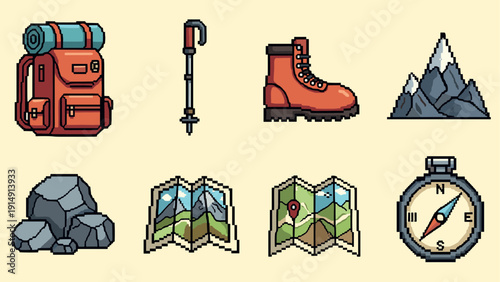 Outdoor adventure icons: pixel art backpack, hiking gear, maps, and compass