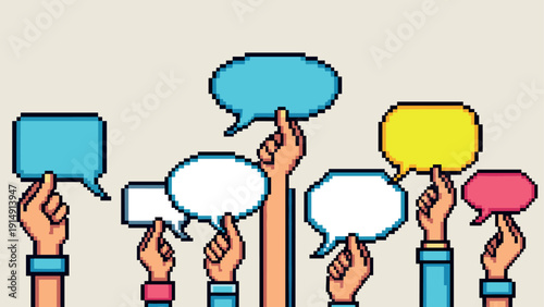 Colorful pixel art speech bubbles held by diverse hands