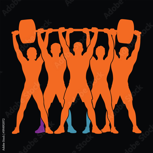 Team of athletes lifting heavy barbell weights together in synchronized effort