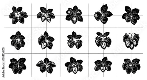 Detailed illustration of black and white strawberries in a grid pattern on a white background