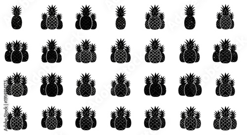 Collection of black pineapple icons on white background fruit symbols for design