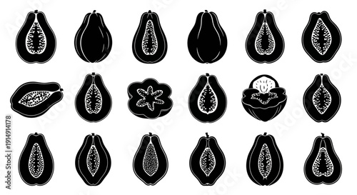 Black and white illustrations of various pears and a fig arranged in rows on a plain background