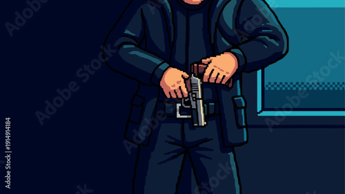 Pixel art detective in dark alley adjusting holster under streetlight