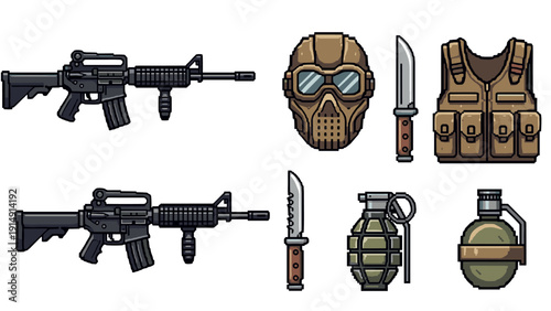 Pixel art military items: guns, knives, grenade, mask, vest, canteen