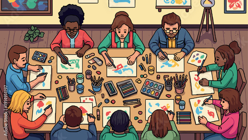 Creative group art session with diverse people using watercolors and crayons in cozy studio