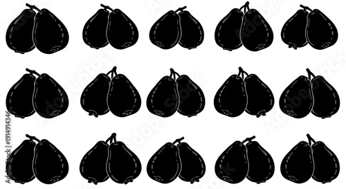 Black pears arranged in rows on white background fruit illustration