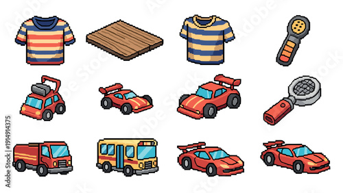 Pixel art collection: cars, clothing, and everyday items in retro style