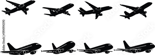 Airplane silhouette set with commercial passenger aircraft in different flying and landing positions isolated on white background