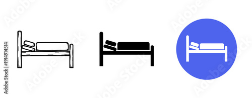 Set of three bed icons in different styles: outline, solid, and circular background