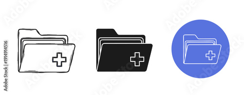 Medical folder icons in black, white, and blue circle variants